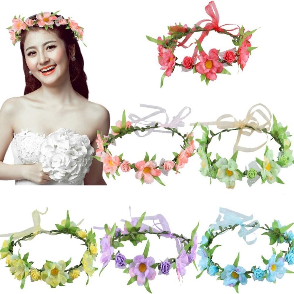Adjustable Flower Crowns 6-Pack Handmade Floral Headbands for Women Girls